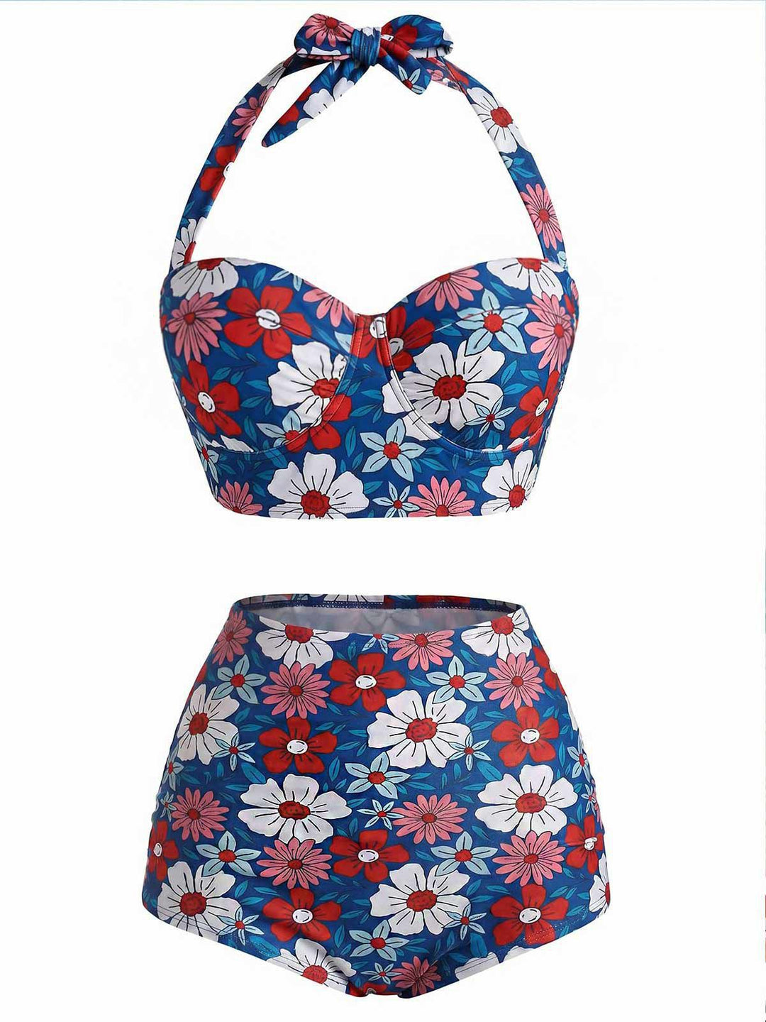 [Pre-Sale] Red &amp; Blue &amp; White Floral Halter Bikini Set, vintage swimsuit, swimwear - perfect for women who love vintage and retro fashion