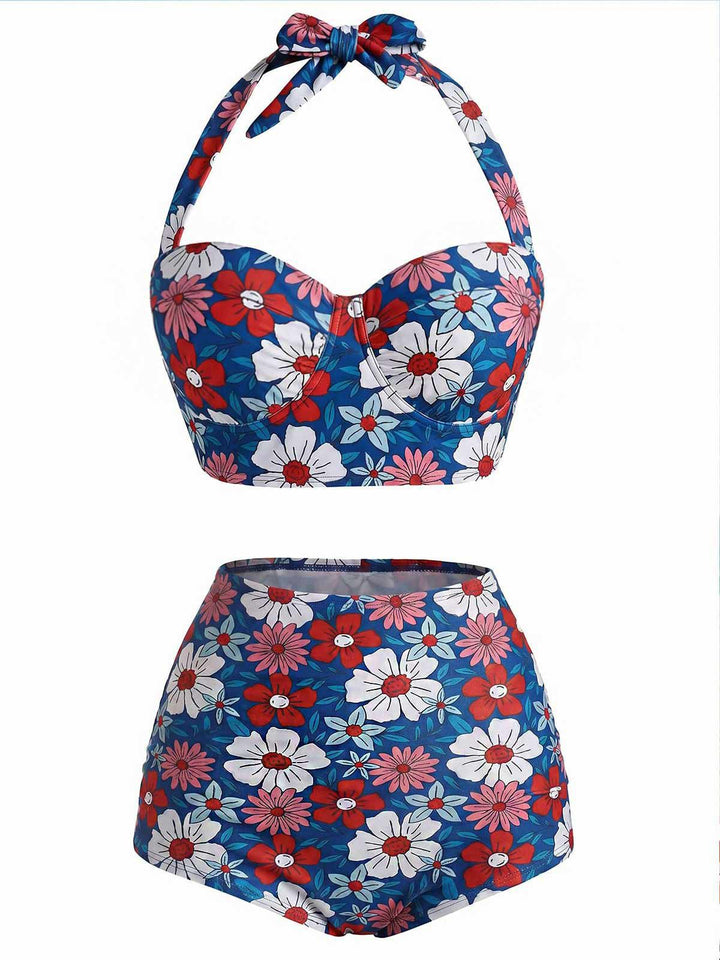 [Pre-Sale] Red &amp; Blue &amp; White Floral Halter Bikini Set, vintage swimsuit, swimwear - perfect for women who love vintage and retro fashion