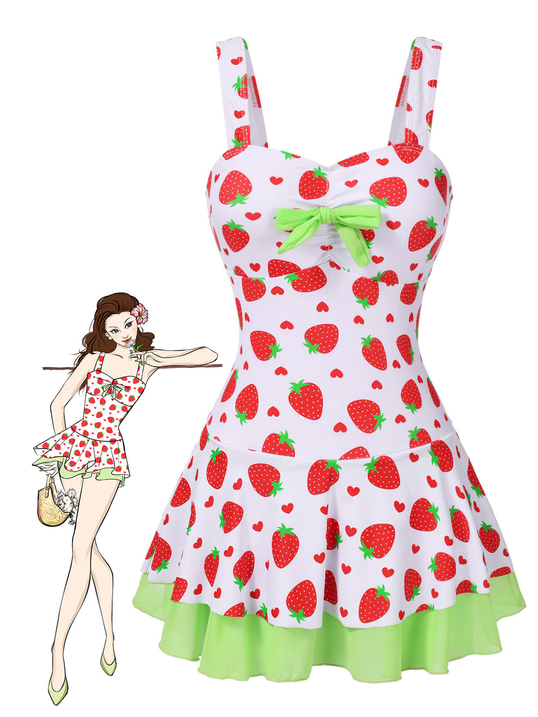 She slips into this Red &amp; Green Strawberry Bow Swim Dress and suddenly it&