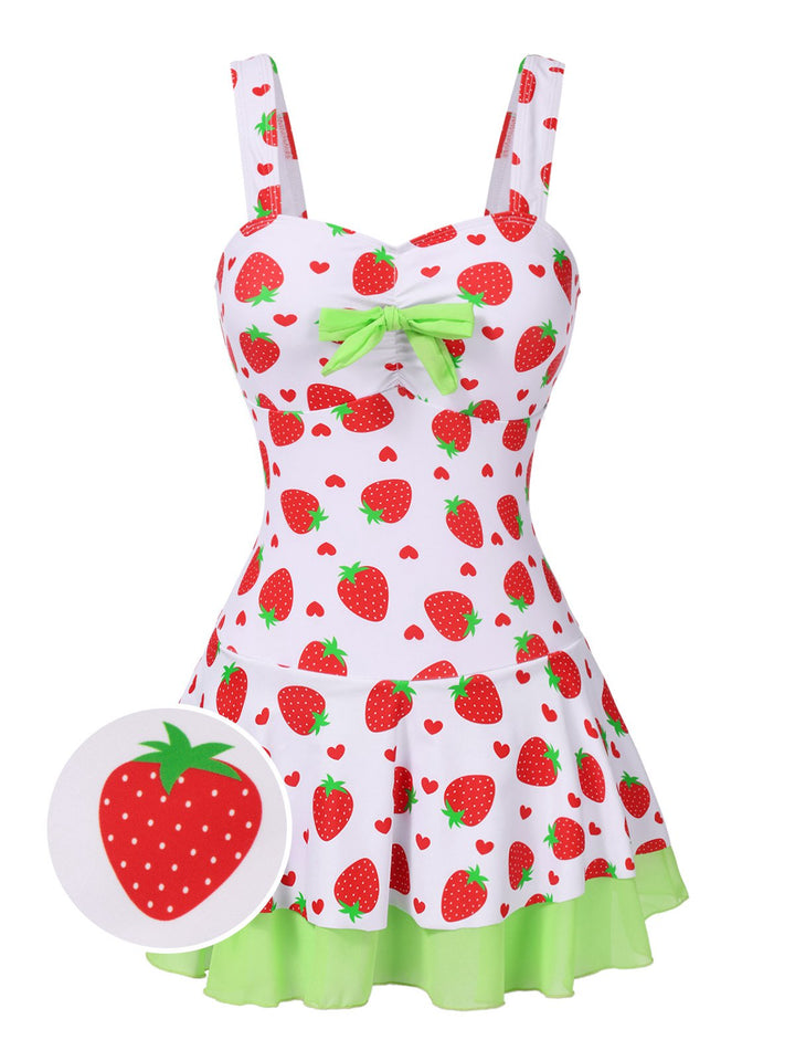 Red &amp; Green Strawberry Bow Swim Dress: where romance meets her modern spirit