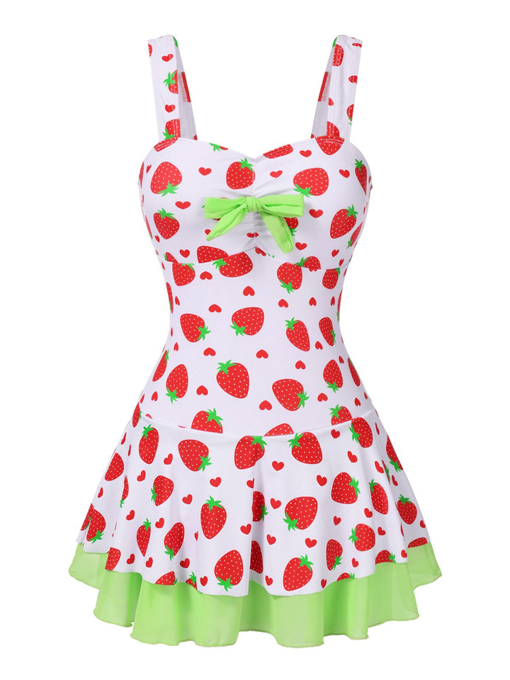 This Red &amp; Green Strawberry Bow Swim Dress wraps her in elegance, one twirl at a time