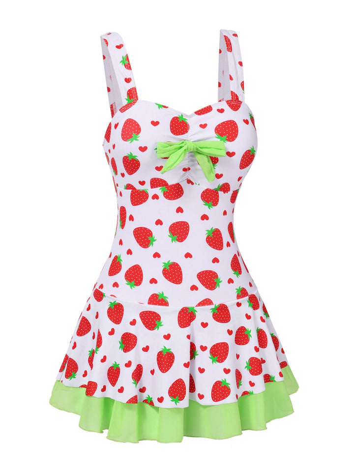 Red &amp; Green Strawberry Bow Swim Dress — the kind of dress that makes strangers smile