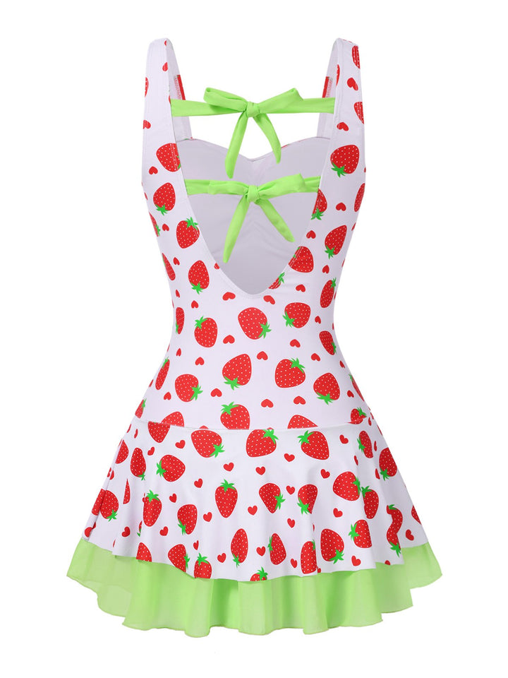 Red &amp; Green Strawberry Bow Swim Dress — a silhouette that turns sidewalks into runways