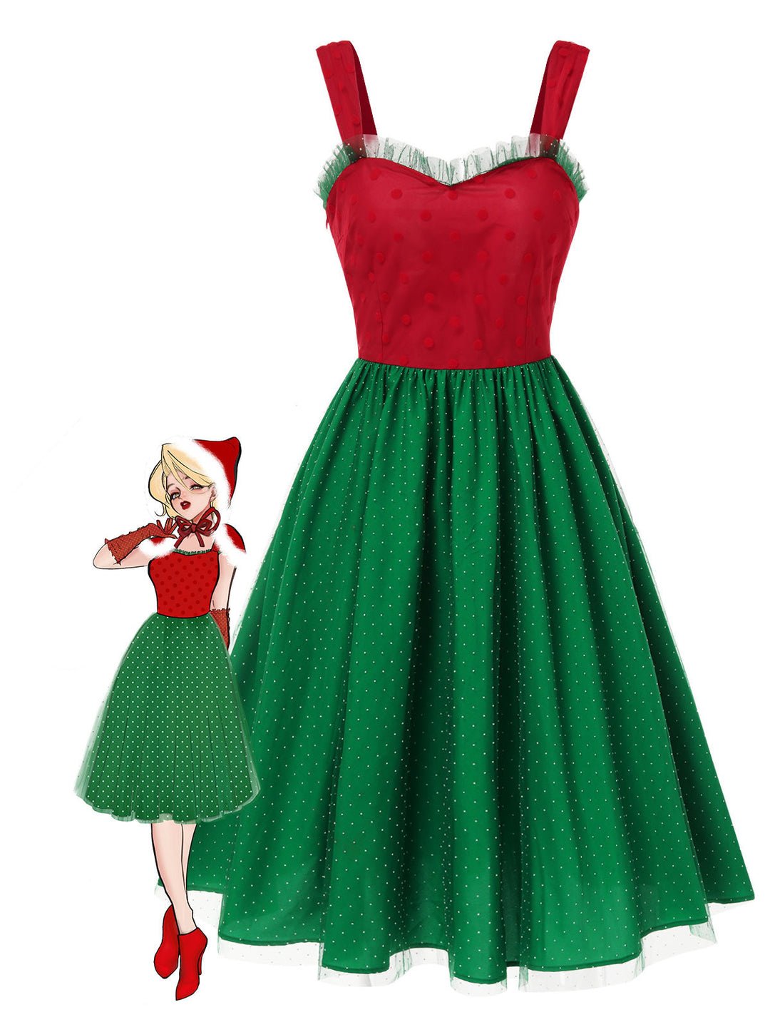 She slips into this Red &amp; Green 1950s Christmas Polka Dots Dress and suddenly it&