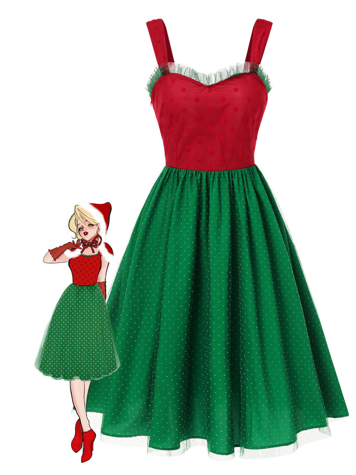 She slips into this Red &amp; Green 1950s Christmas Polka Dots Dress and suddenly it&