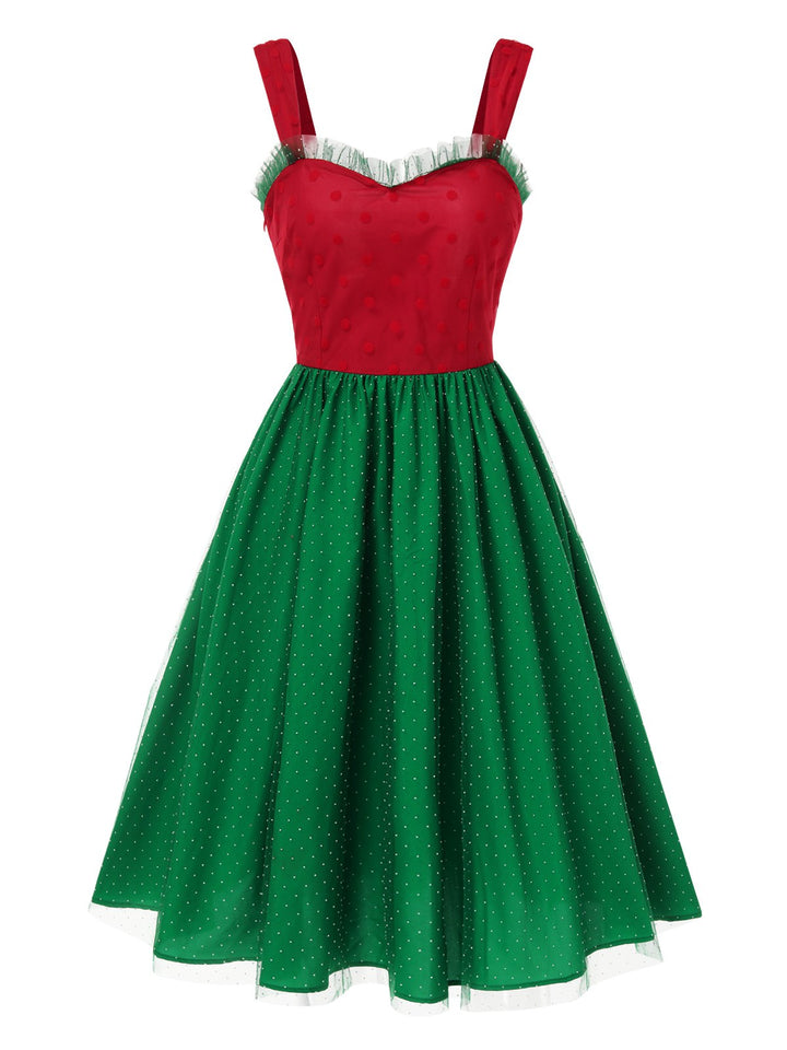 This Red &amp; Green 1950s Christmas Polka Dots Dress wraps her in 1950s elegance, one twirl at a time