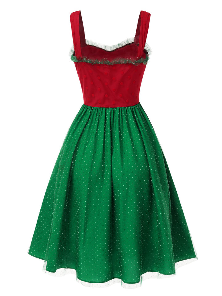 Red &amp; Green 1950s Christmas Polka Dots Dress — a 1950s silhouette that turns sidewalks into runways