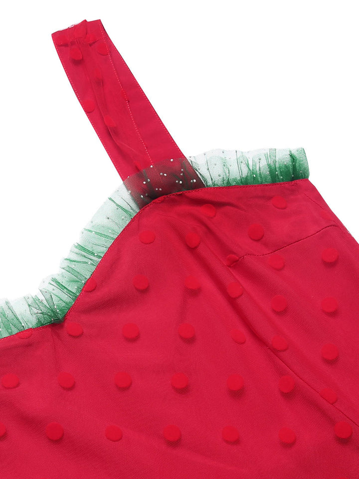 She slips into this Red &amp; Green 1950s Christmas Polka Dots Dress and suddenly it&
