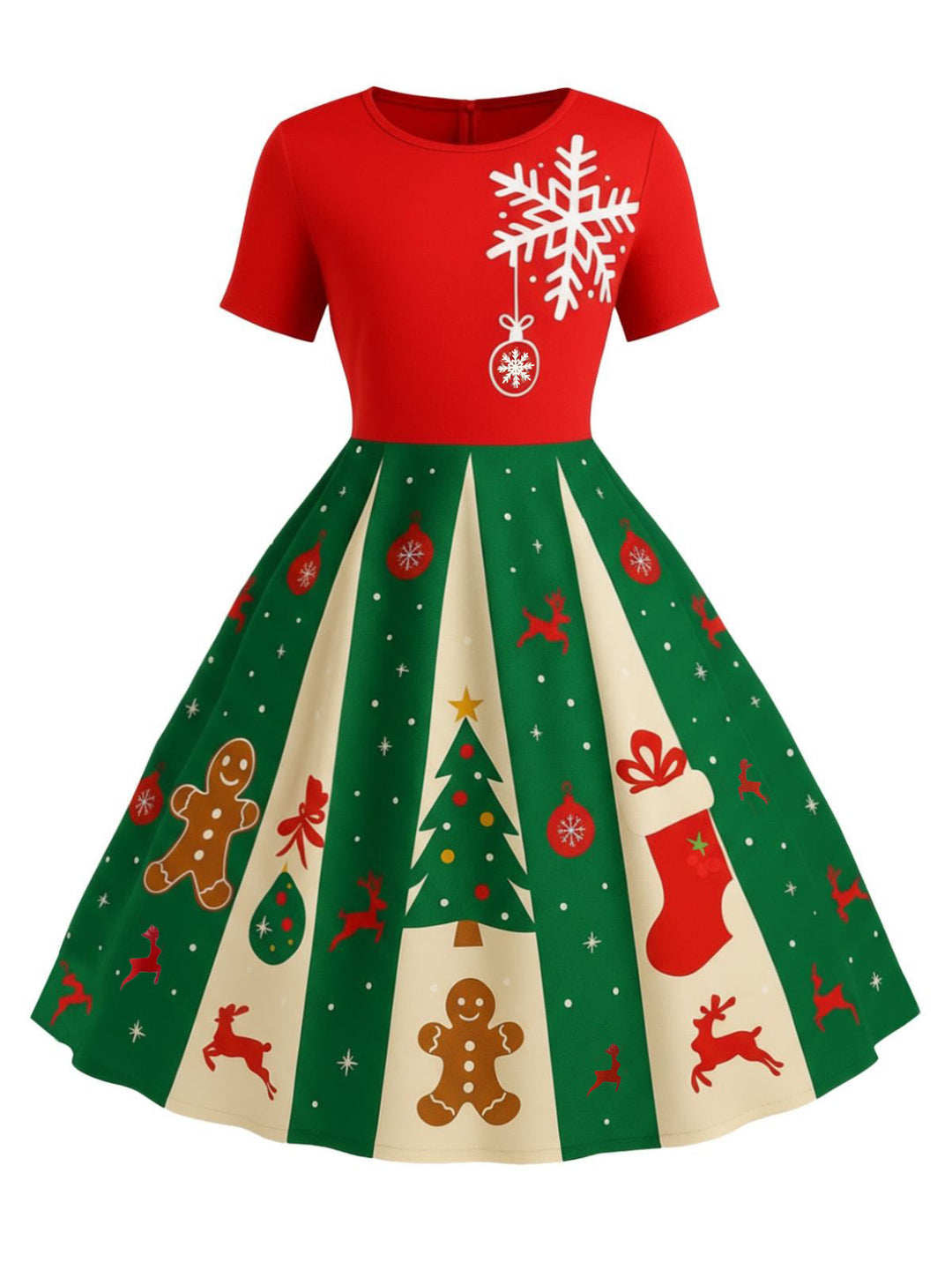 Red &amp; Green 1950s Christmas Snowflake Swing Dress - vintage dress, retro fashion, rockabilly
