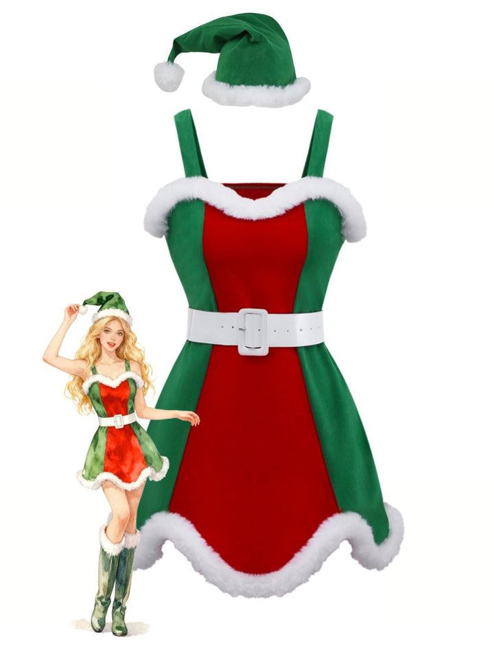 Red &amp; Green 1960s Christmas Plush Trim Dress Set - vintage dress, fashion, elegant red