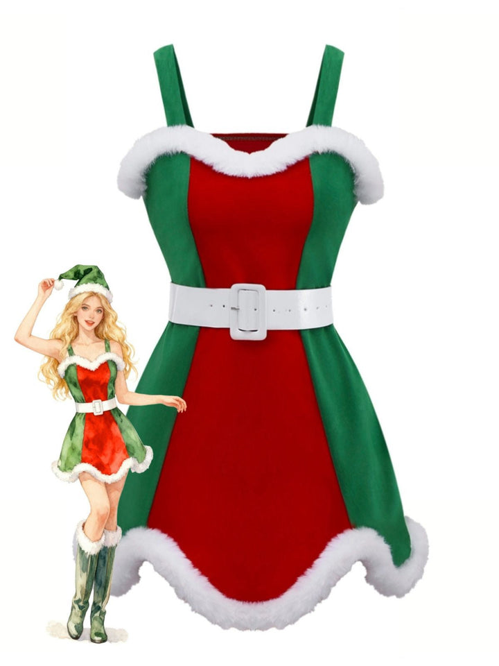 Red &amp; Green 1960s Christmas Plush Trim Dress Set - vintage dress, fashion, elegant red