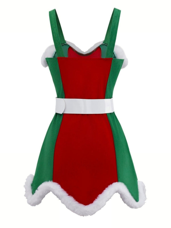 Red &amp; Green 1960s Christmas Plush Trim Dress Set - vintage dress, fashion, elegant red