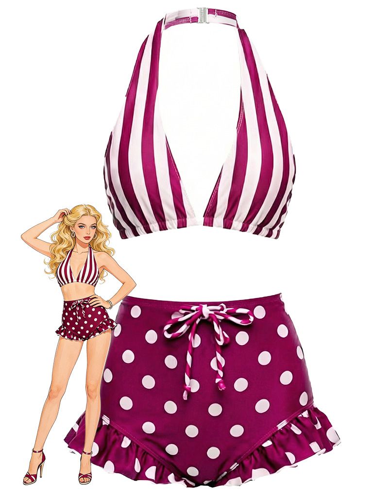 Red &amp; White 1940s Striped Halter Polka Dot Ruffled Swimsuit, vintage swimsuit, pin-up swimwear - perfect for women who love vintage and retro fashion