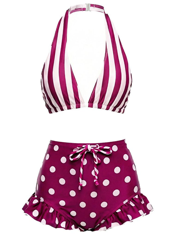 Red &amp; White 1940s Striped Halter Polka Dot Ruffled Swimsuit, vintage swimsuit, pin-up swimwear - perfect for women who love vintage and retro fashion