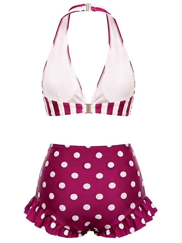 Red &amp; White 1940s Striped Halter Polka Dot Ruffled Swimsuit, vintage swimsuit, pin-up swimwear - perfect for women who love vintage and retro fashion