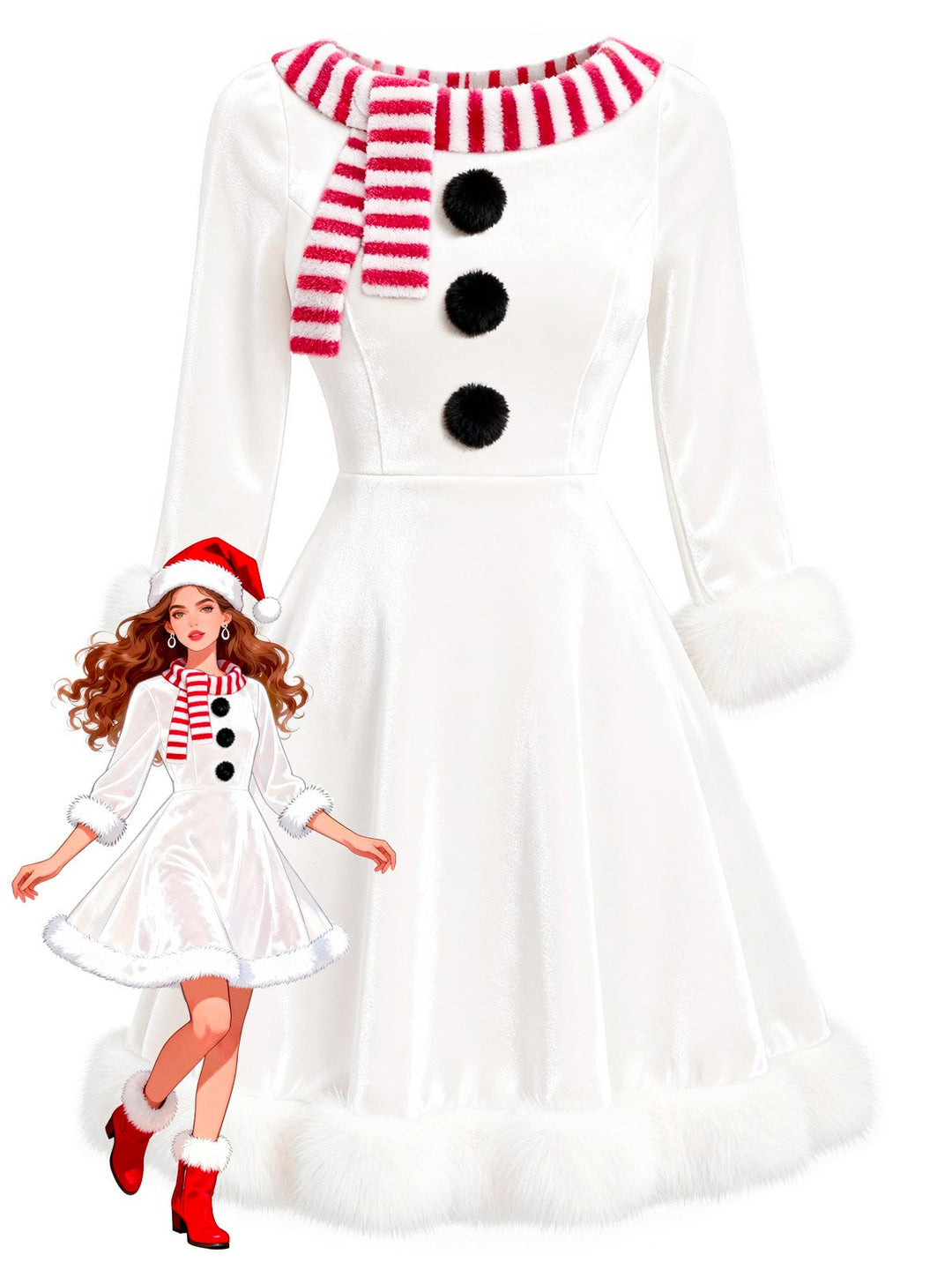 Red &amp; White 1950s Christmas Snowman Velvet Dress - vintage dress, retro fashion, rockabilly