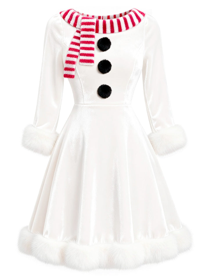 Red &amp; White 1950s Christmas Snowman Velvet Dress - vintage dress, retro fashion, rockabilly