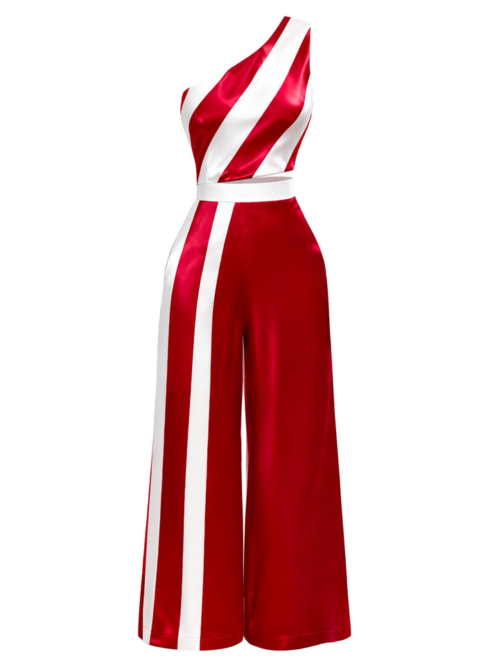 Red &amp; White 1960s One-Shoulder Stripes Jumpsuit - vintage jumpsuit, retro fashion, elegant red