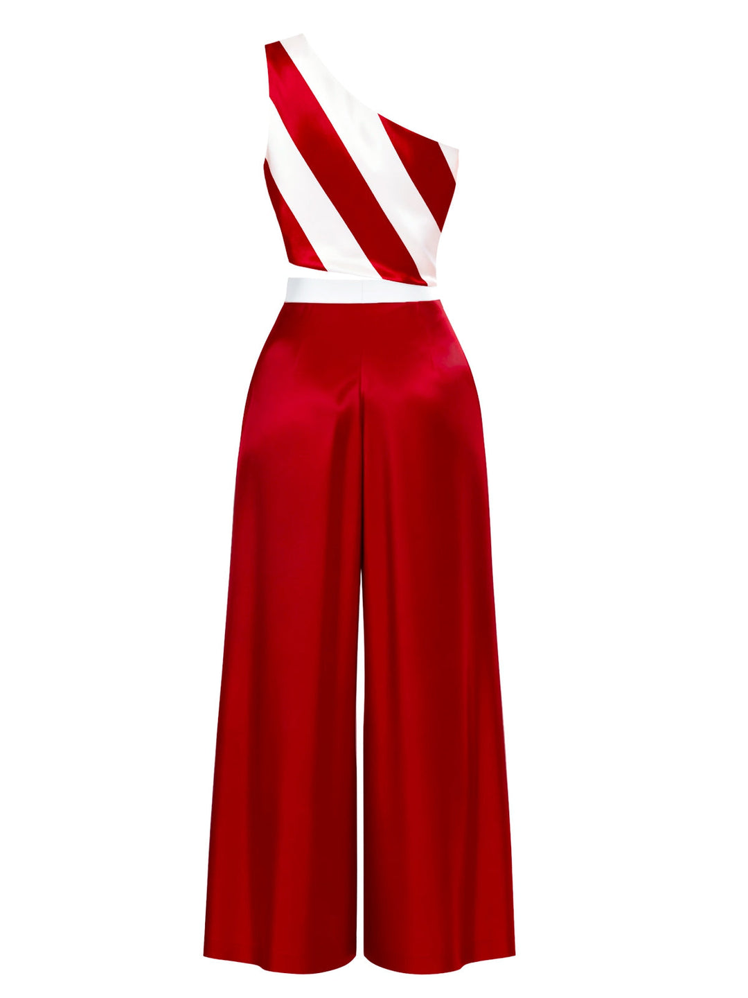 Red &amp; White 1960s One-Shoulder Stripes Jumpsuit - vintage jumpsuit, retro fashion, elegant red