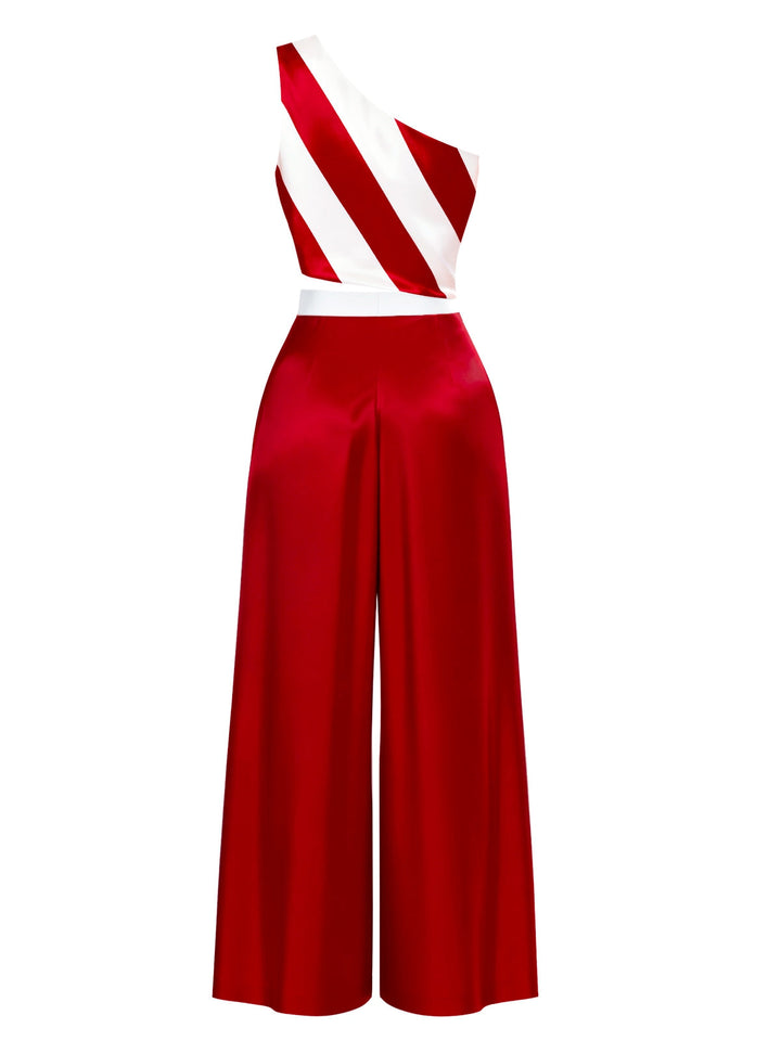 Red &amp; White 1960s One-Shoulder Stripes Jumpsuit - vintage jumpsuit, retro fashion, elegant red