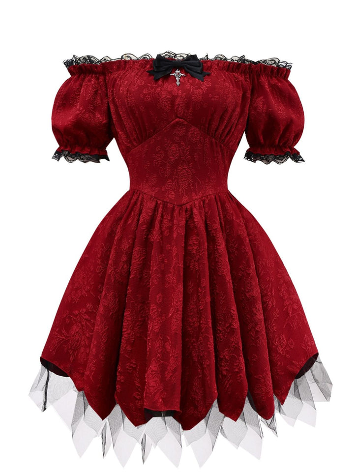 Red 1970s Gothic Lace Bow Off Shoulder Dress - vintage dress, retro fashion, elegant red