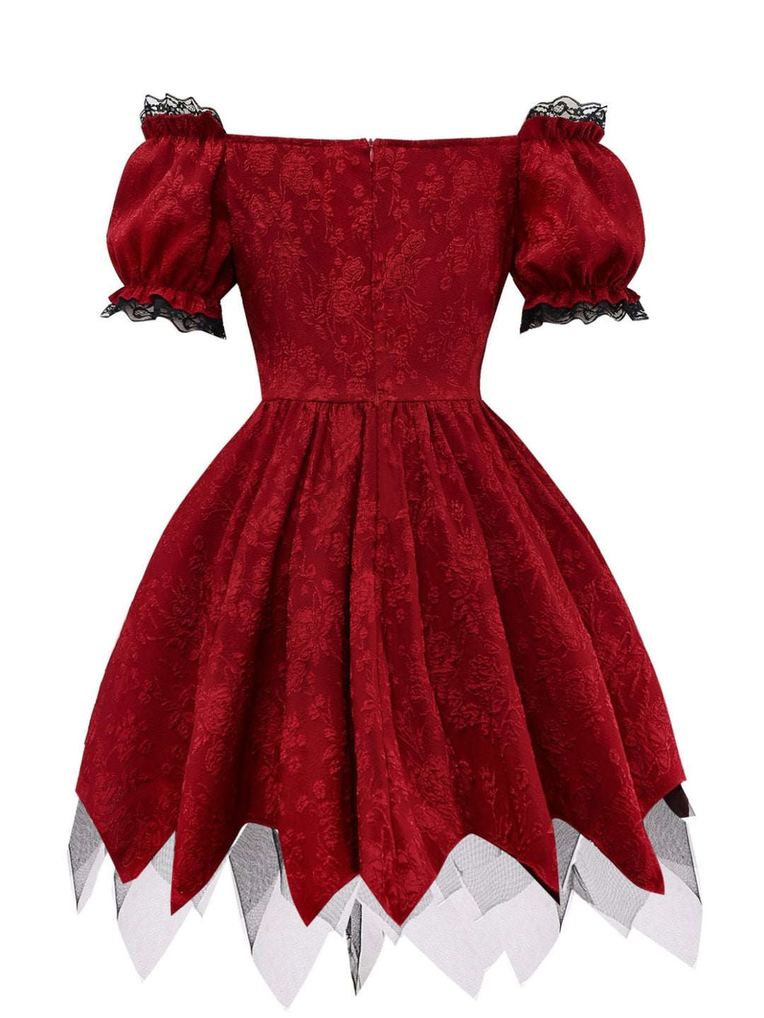 Red 1970s Gothic Lace Bow Off Shoulder Dress - vintage dress, retro fashion, elegant red
