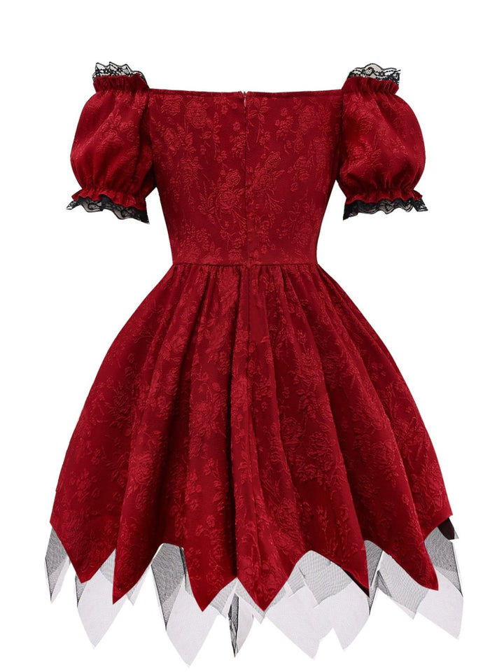 Red 1970s Gothic Lace Bow Off Shoulder Dress - vintage dress, retro fashion, elegant red