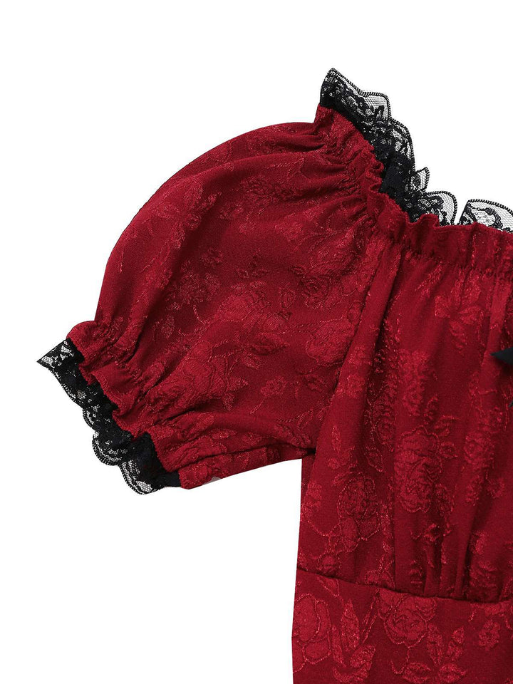 Red 1970s Gothic Lace Bow Off Shoulder Dress - vintage dress, retro fashion, elegant red