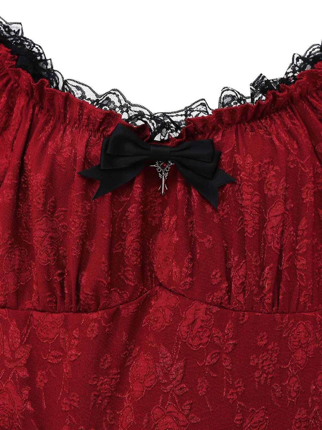 Red 1970s Gothic Lace Bow Off Shoulder Dress - vintage dress, retro fashion, elegant red