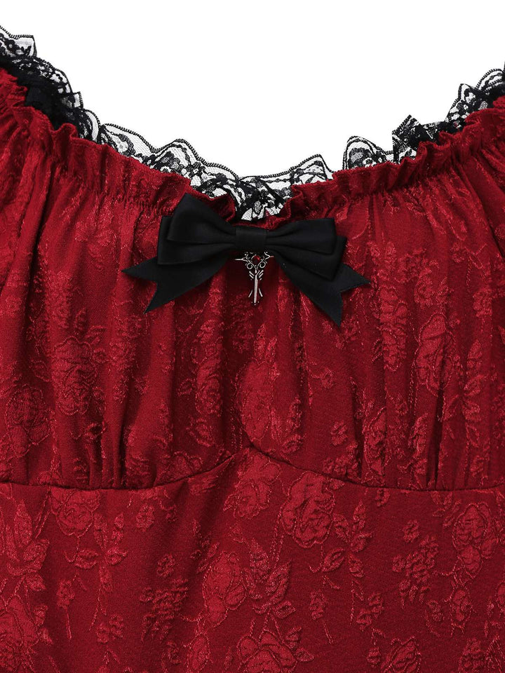 Red 1970s Gothic Lace Bow Off Shoulder Dress - vintage dress, retro fashion, elegant red