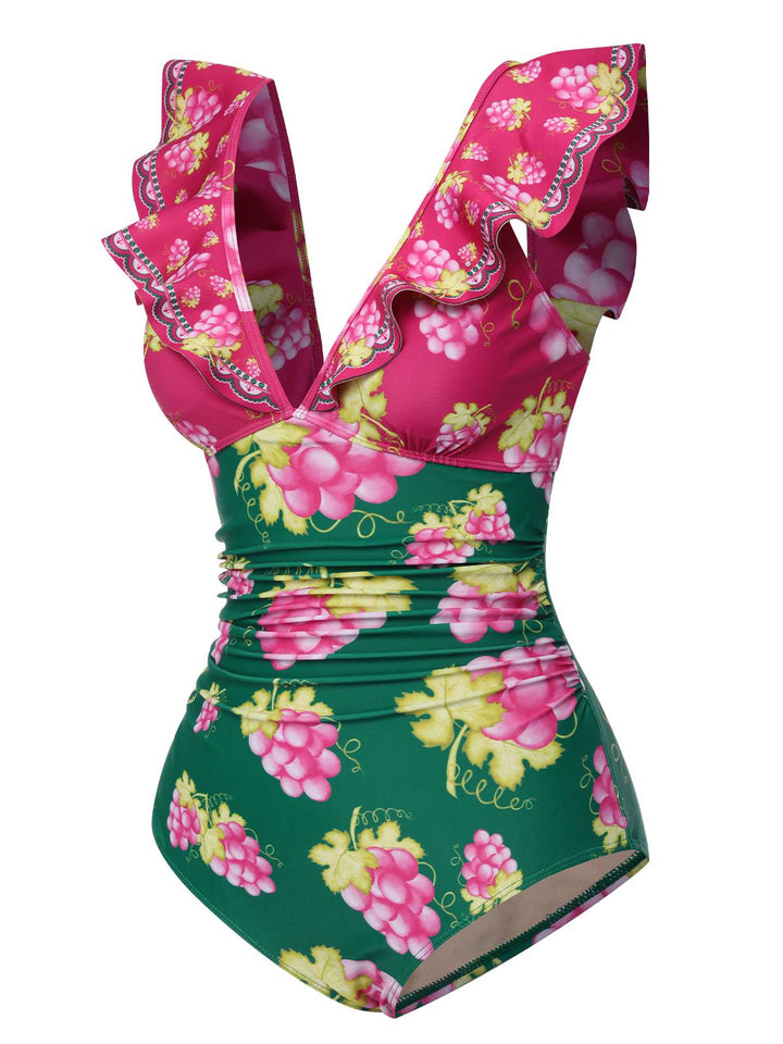 Retro 1950s Grape V-Neck Ruffle Sleeves Swimsuit, vintage swimsuit, pin-up swimwear - perfect for women who love vintage and retro fashion