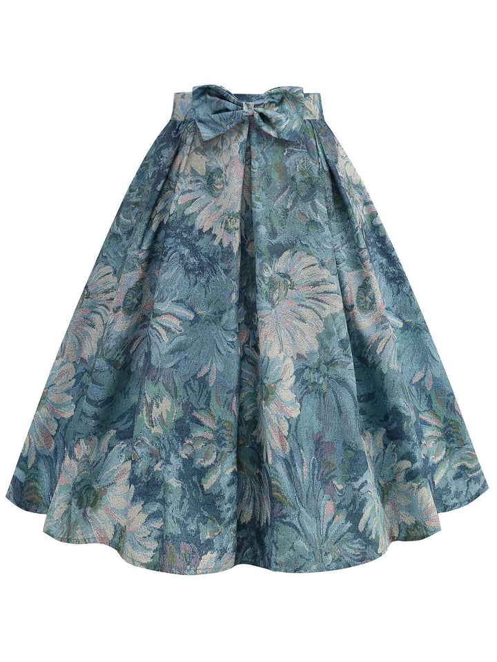 She sways in this Retro Blue 1950s Lotus Painting Bow Skirt and it&