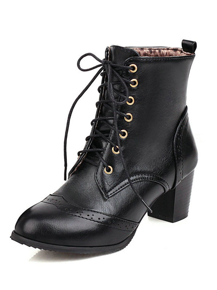 Retro Leather Medium Heel Lace-Up Combat Boots — 1950s vintage charm for her modern wardrobe