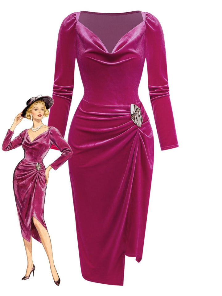 Rose Pink 1960s Cowl Neck Velvet Slit Dress - vintage dress, retro fashion