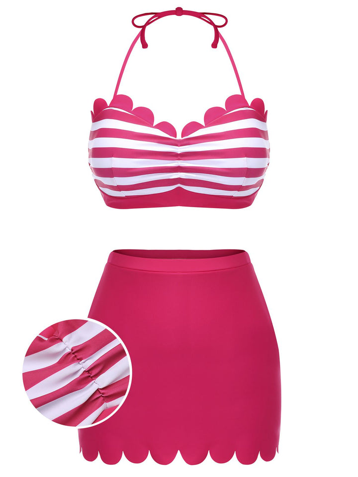 Rose Pink 1960s Stripes Halter Bikini Set - vintage fashion, retro style