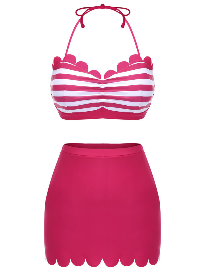 Rose Pink 1960s Stripes Halter Bikini Set - vintage fashion, retro style