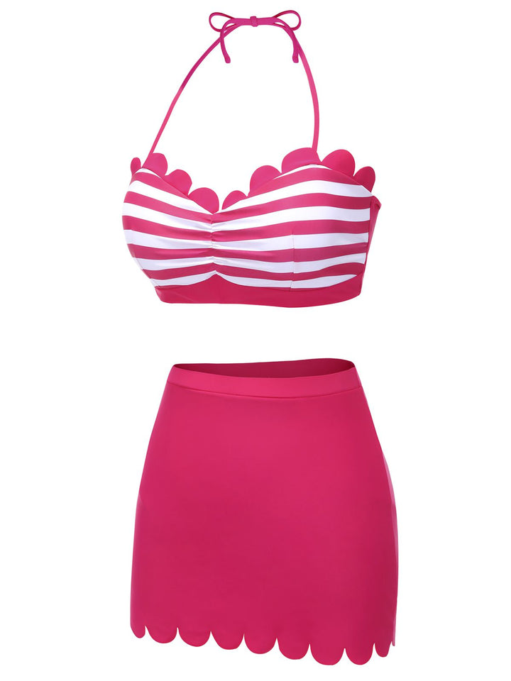 Rose Pink 1960s Stripes Halter Bikini Set - vintage fashion, retro style