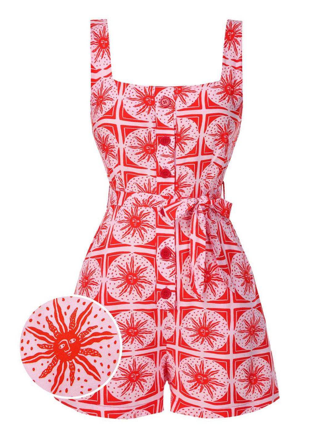 Rose Pink 1970s Boho Sun Print Button Romper - vintage jumpsuit, retro fashion