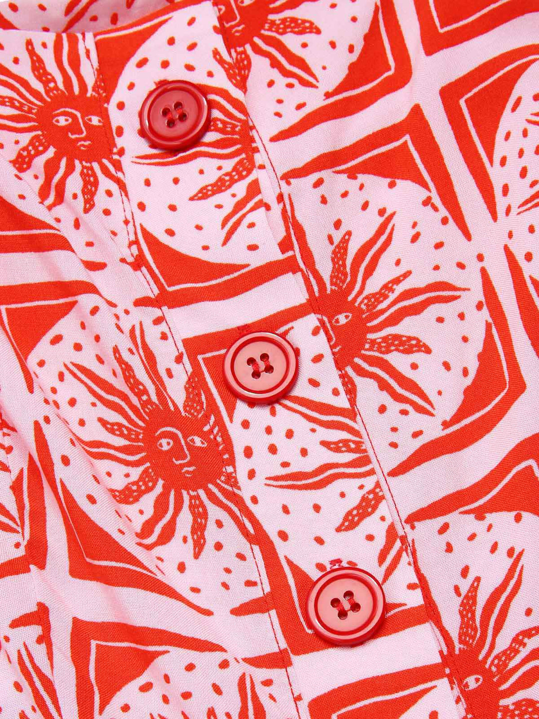Rose Pink 1970s Boho Sun Print Button Romper - vintage jumpsuit, retro fashion