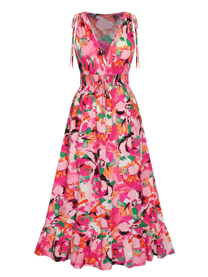 Rose Red 1940s Floral V-Neck Elastic Waist Dress, vintage dress, retro fashion, floral print - perfect for women who love vintage and retro fashion