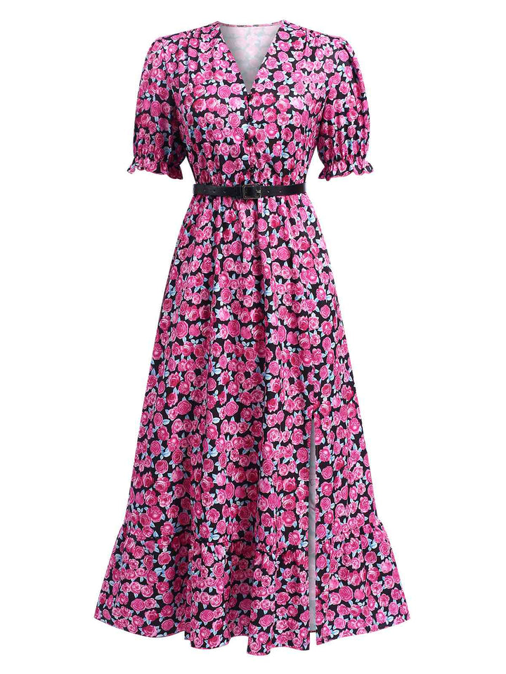Rose Red 1940s Slit Roses V-Neck Dress, vintage dress, retro fashion - perfect for women who love vintage and retro fashion