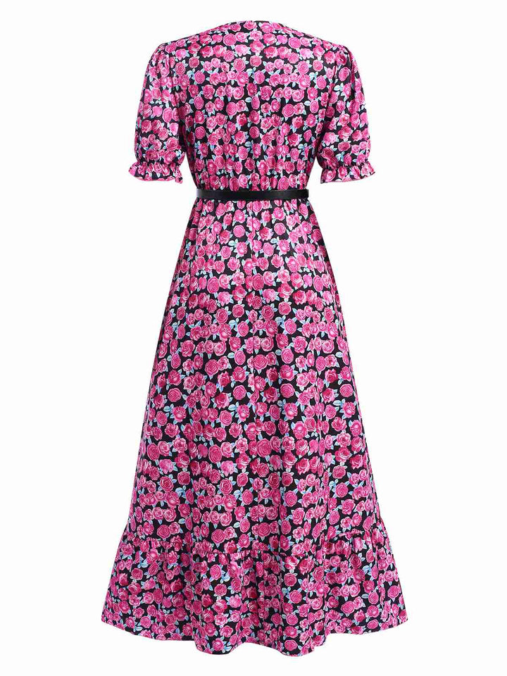Rose Red 1940s Slit Roses V-Neck Dress, vintage dress, retro fashion - perfect for women who love vintage and retro fashion