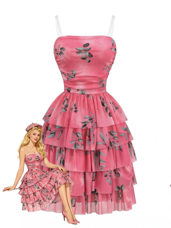 Rose Red 1950s Leaf Print Ruched Tiered Mesh Dress - vintage dress, retro fashion, rockabilly, pin-up fashion for vintage lovers
