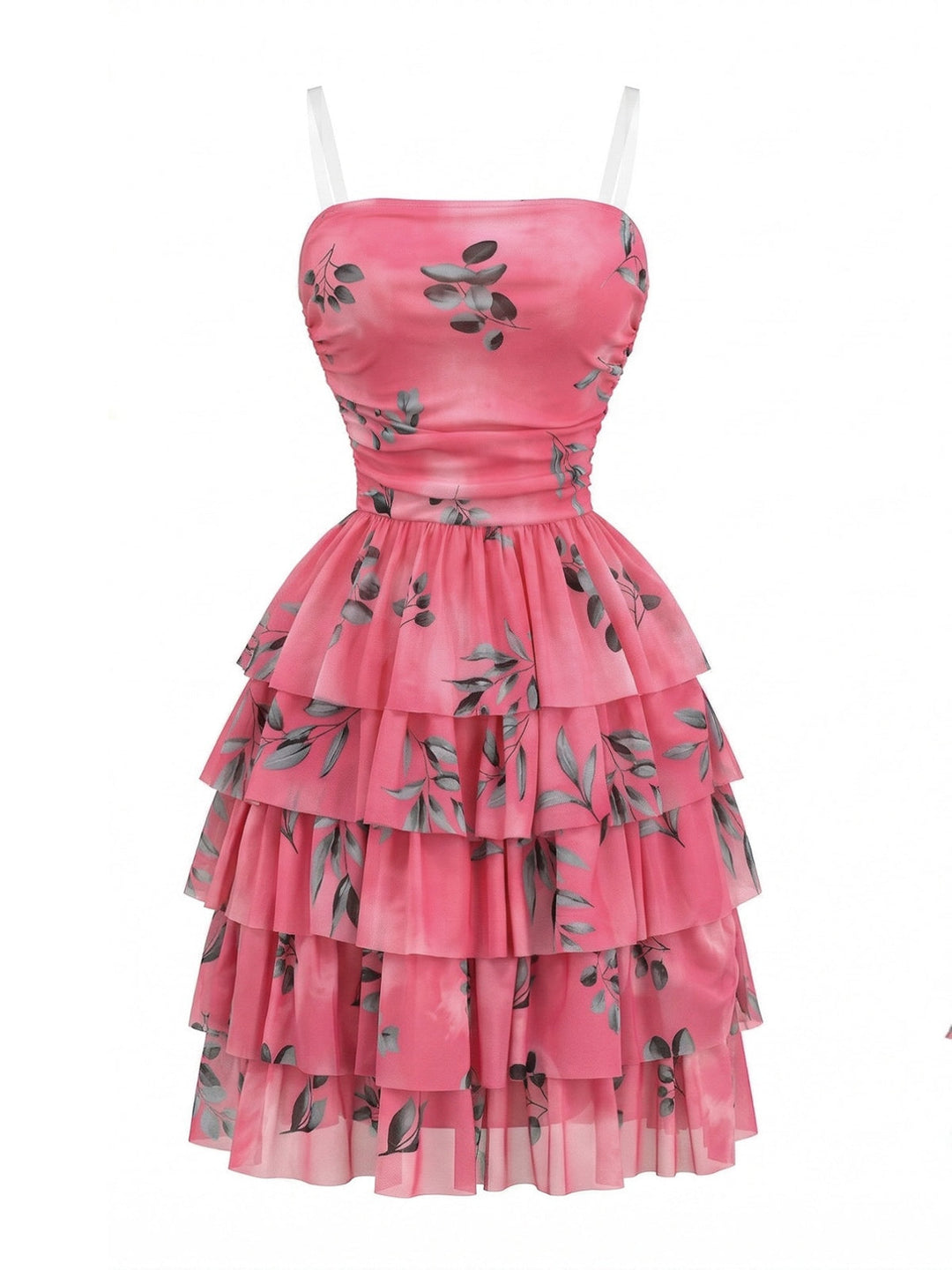 Rose Red 1950s Leaf Print Ruched Tiered Mesh Dress - vintage dress, retro fashion, rockabilly, pin-up fashion for vintage lovers