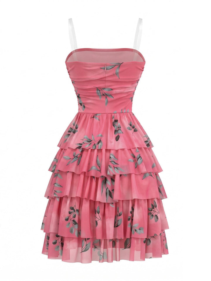 Rose Red 1950s Leaf Print Ruched Tiered Mesh Dress - vintage dress, retro fashion, rockabilly, pin-up fashion for vintage lovers