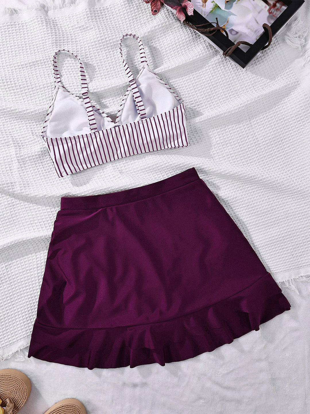 Rose Violet Striped High Waist Pleated Bikini Set, vintage swimsuit, swimwear - perfect for women who love vintage and retro fashion