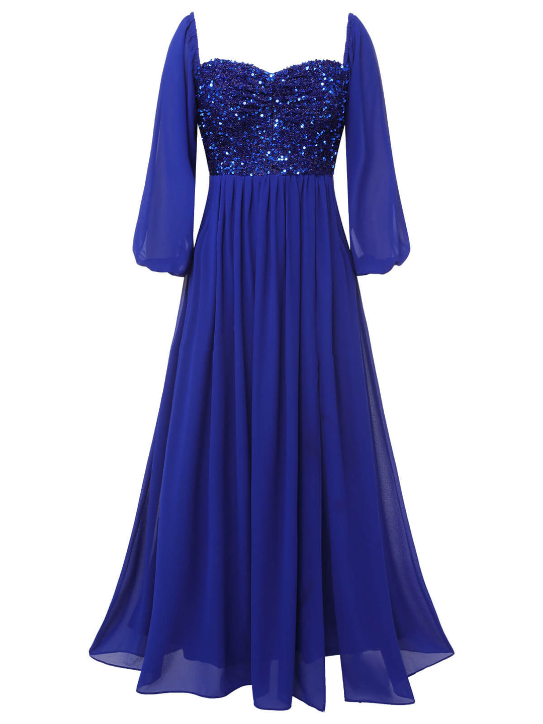 She slips into this Royal Blue 1920s Sequined Sweetheart Neck Maxi Dress and suddenly it&