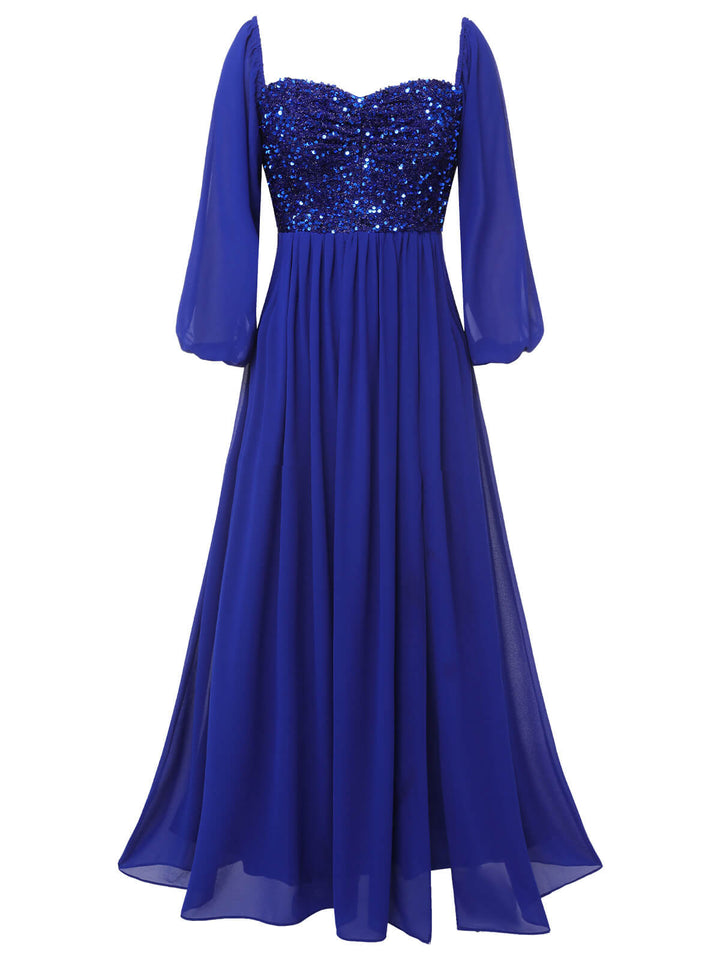 She slips into this Royal Blue 1920s Sequined Sweetheart Neck Maxi Dress and suddenly it&