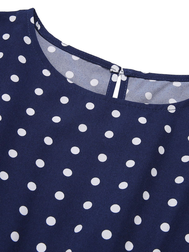 Royal Blue 1940s Polka Dots Belt Cap Dress, vintage dress, retro fashion - perfect for women who love vintage and retro fashion