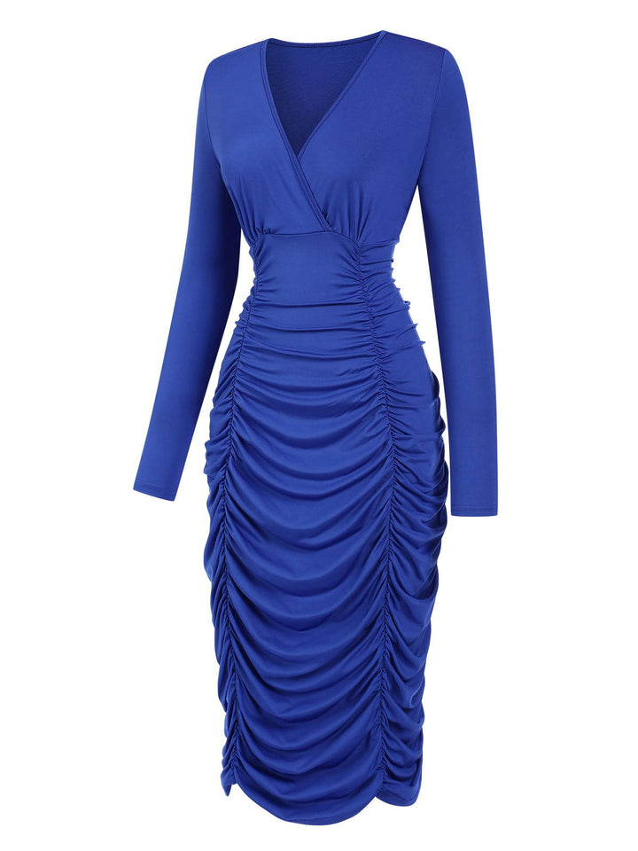 Royal Blue 1960s V-Neck Pleated Dress, vintage dress, retro fashion - perfect for women who love vintage and retro fashion